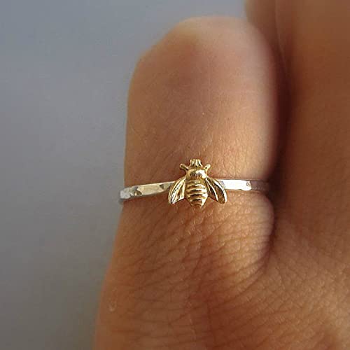KOICCVQQ 925 Sterling Silver Gold Bee Ring Concave-Convex Surface Personality Unique Design Jewlery Simulated Compressed Classical Animal Interesting Shape Charm Dainty Cute Novel Ring Size 72