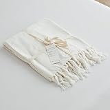 Simple&Opulence Boho Fringed Linen Throw Blanket for Bed, Couch, 50”x70” Pre-Washed Vintage Decorative Woven Blanket with Tassels, Breathable Durable Cozy Farmhouse for All Seasons (Ivory)