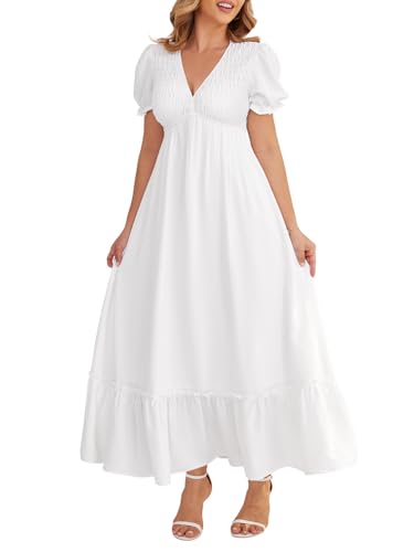 CosySun Plus Size Maxi Dresses - White Empire Waist Dress for Women: Flowy Tiered Short Puff Sleeve Dresses for Beach 2025