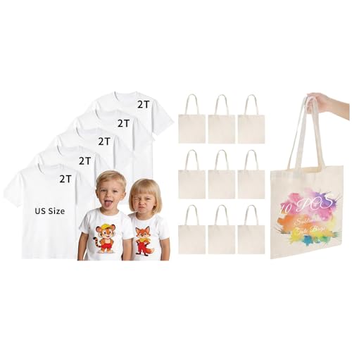 Joyclub Bundle of 5 PCS Toddler Sublimation Blank T Shirts and 10 Pack Sublimation Tote Bags Blanks Large 15 x 16 in with Long Handle