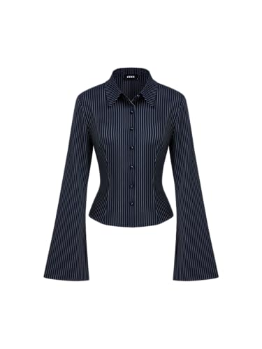 CIDER Long Sleeve Shirts for Women Striped Blouse Cinched Waist Bell Sleeve Collar Shirt Office Work