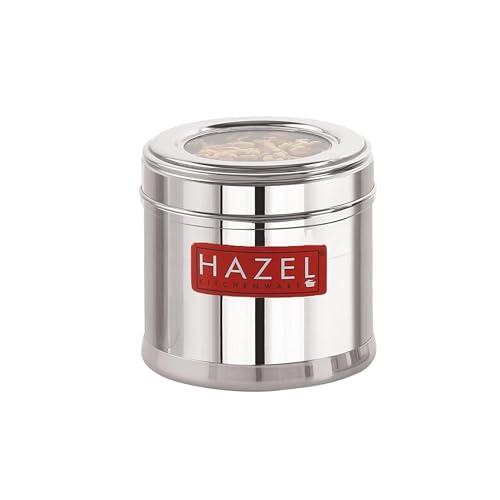 Image of HAZEL Masala Box for Kitchen with Airtight Lid | Stainless Steel Top See Through Storage Containers for Kitchen Air tight, 450 ML