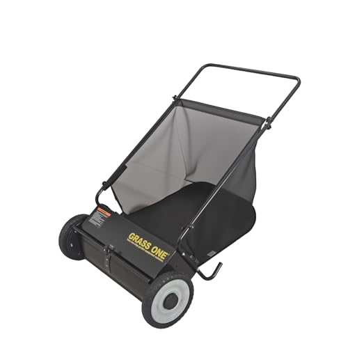 Grass One 26 Inch Push Lawn Sweeper, Leaf and Grass Collector with 7 Cu.Ft Mesh Bag, 4 Spinning PP...