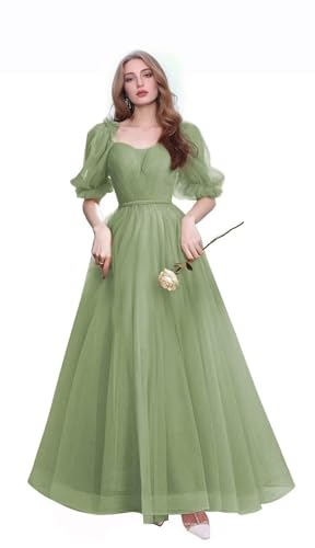 CWOAPO Long Puffy Sleeve Tulle Prom Dress Sweetheart Ball Gown for Women A Line Formal Evening Party Dress3