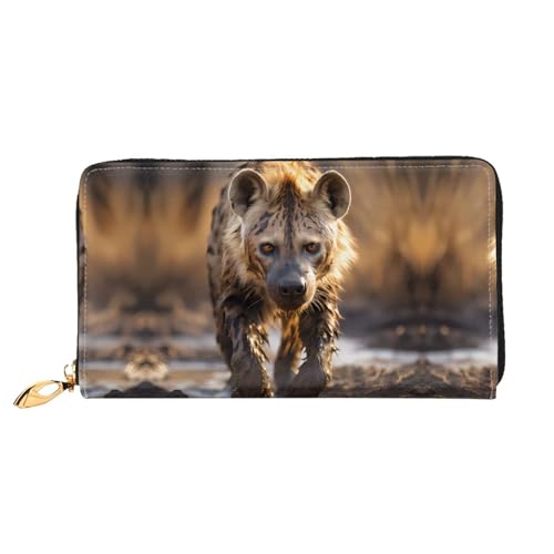 Long Wallet for Women & Men, Lone Hyena Print Leather Bifold Wallet Clutch Purse, for Credit Card Coin Receipts
