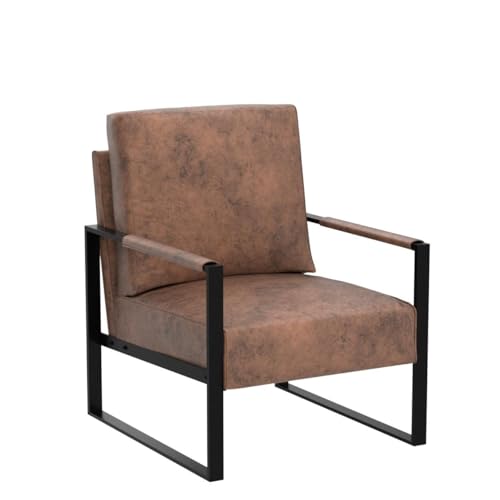 Container Furniture Direct Classic Mid Century Modern Accent Chair with Durable Square Metal Frame, Armchair for Living Room, Bedroom, Home Office in Spotted Microfiber Upholstery, Light Brown