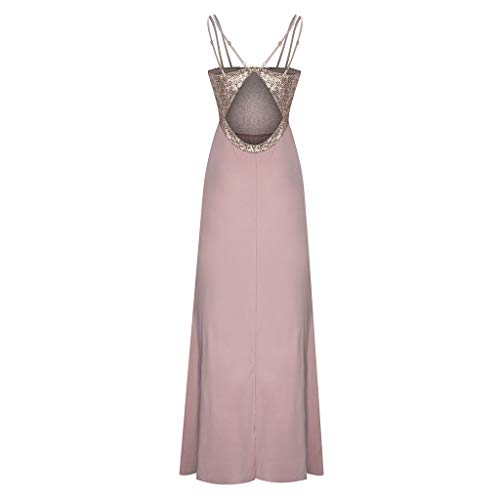 Seryu Women Fashion Sequins Strap Backless Camisole V-Neck High Slit Long Dress Pink #TOP4