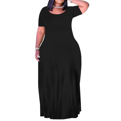 Image of PinkPatty Women's Plus Size Maxi Dresses Short Sleeve Sundress Summer T-Shirt Beach Long Dress with Pockets