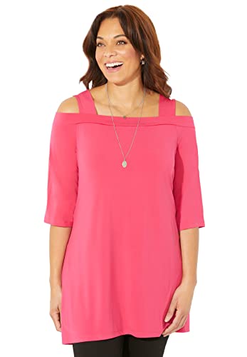 Catherines Women's Plus Size Asymmetry Open-Shoulder Tunic - 3X, Pink Burst Red (5556) #TOP29