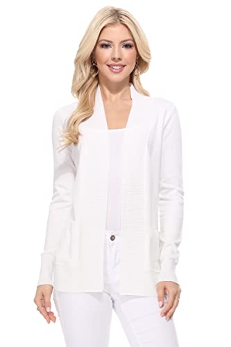 Image of YEMAK Women's Knit Cardigan Sweater - Long Sleeve Open Front Basic Classic Casual Soft Lightweight Knitted Shrug with Pockets MK8558-WHITE-L