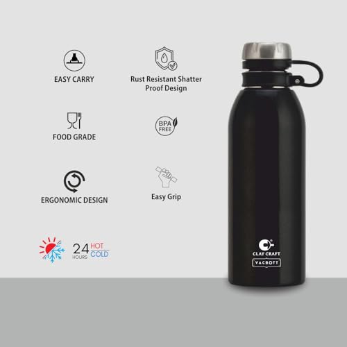 Image of CLAY CRAFT VACBOTT Charlie Double Walled|18 Hours Hot and 24 Hours Cold Water Bottle Vacuum Insulated Flask Bottle 900ml|1 Pcs Water Bottle|Travelling|BPA-Free|BIS Certified|1Year Limited Warranty
