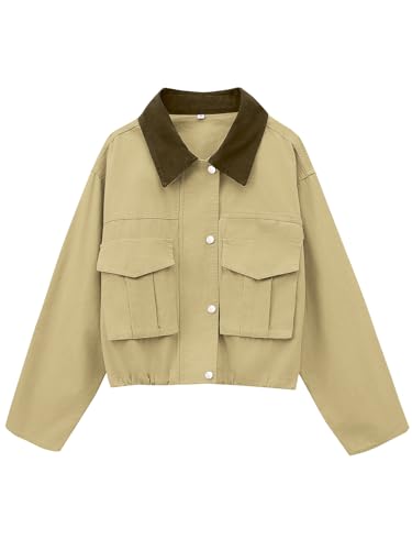 Womens Cropped Jacket Zip Up Lightweight Bomber Button Drawstring Oversized Utility Casual Coats With Pockets