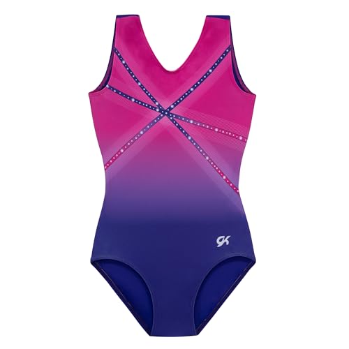 GK Glitz & Glam Gymnastics Leotard for Girls with Matching Scrunchie (Child Large Pink/Purple)