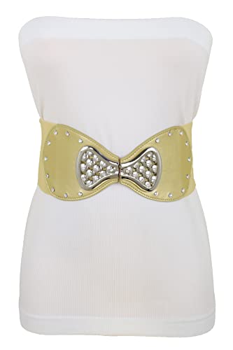 TrendyFashionJewelry Women Elastic Waistband Belt Hip High Waist Bow Tie Ribbon Buckle Fit Size S M Gold3