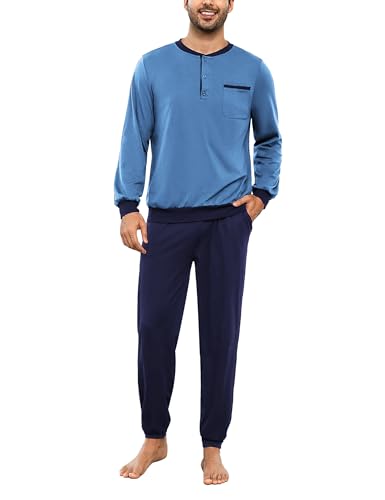 Bresdk Pijama Hombre Invierno Algodón Ropa de Dormir Camiseta de Manga Larga Largo Pantalón Pijama para Hombre Azul Claro Azul Oscuro M
