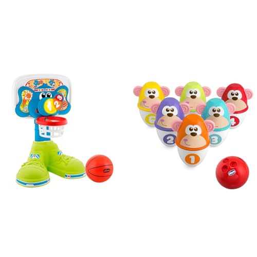 Chicco Canasta de Baloncesto Electrónica para Niños con Efectos de Luz y Sonido, Altura Ajustable & Monkey Strike Juego de Bolos para Niños con 6 Bolos Desmontables y Apilables en 12 Piezas