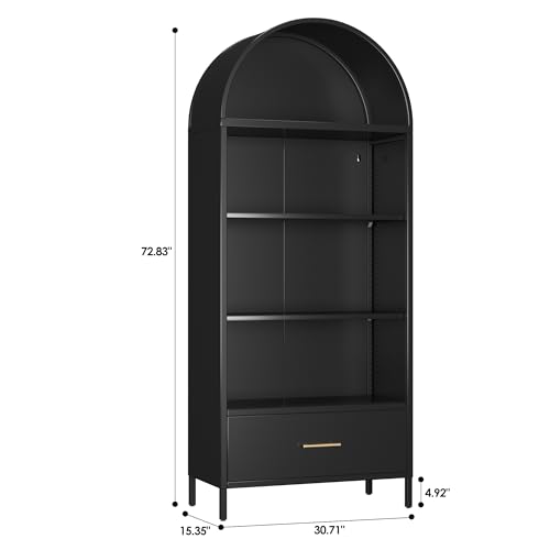 Image of 72.83 inch H Metal Arched Bookcae Cabinets with 2 Adjustable Shelf, Black Arched Bookshelf with 1 Drawer for Home Office, Living Room, Assemble Require, Black