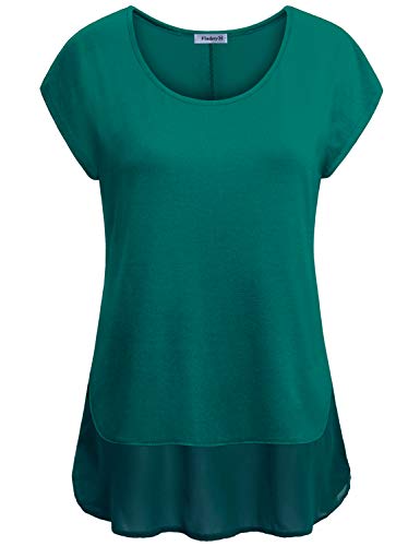Vindery Summer Tops for Women, Elegant Short Sleeve Slim Fit T Shirts Chiffon Hem Tunics Green Ladies Scoop Neck Tee Casual Tops Fashion 2019 Petite Clothing, S