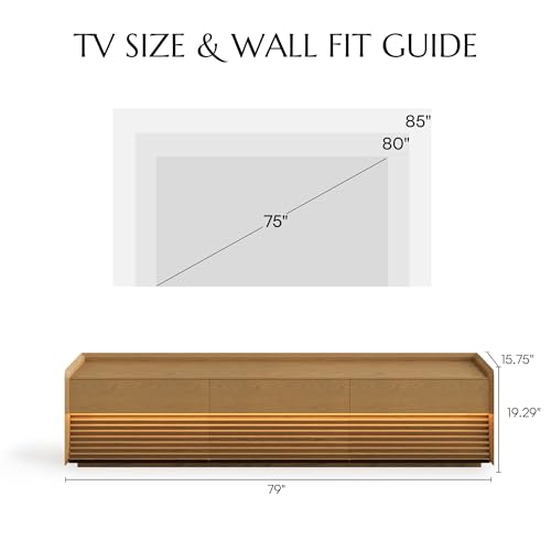 Image of POVISON 79 inch Fully Assembled Mid Century Modern TV Stand with LED Lights, Media Console with 6 Drawers, Wood Slatted Entertainment Center, No Assembly Required, Fits 75-85 Inch TV