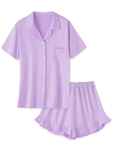 Girls Pajamas Set Soft Short Sleeve Button-Down Top and Ruffle Shorts Pj Lounge Sets, 5-14 Years