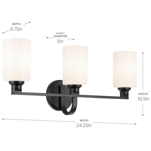 Image of Kichler Gioe 24.25 in 3-Light Bathroom Vanity Light Fixture with Opal Glass in Black, Modern Wall Mount Over Mirror for Powder Room, Damp Rated (24.25 in W x 10.5 in H), 55226BK