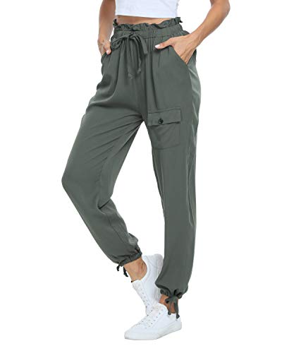 andy & natalie Women's Elastic Waist Cargo Drawstring Pants Paper Bag Pockets Ankle Tie Jogger Sweatpants Trouser Green