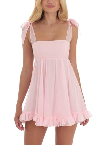 Image of Women Y2k Tie Shoulder Mini Dress Sleeveless Flowy Babydoll Dress Boho Floral Aline Short Sundress