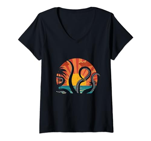 Pulpo gigante calamar hermoso atardecer divertido retro Halloween Camiseta Cuello V