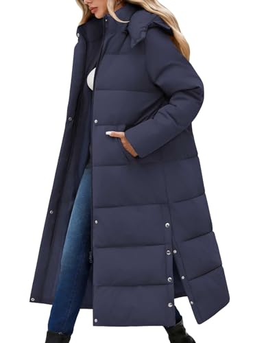 UMIPUBO Women's Long Maxi Down Coat Winter Puffer Jacket Warm Padded Outerwear Faux Fur Removable Hood Parka Full-Zip(Navy Blue,M)
