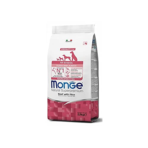 Monge Natural Superpremium PUPPY AND JUNIOR BEEF AND RICE, cibo per cani per tutte le razze (cibo per cuccioli, cibo secco per cani con manzo e riso, molto ricco di fibre e vitamine, 2,5 kg)
