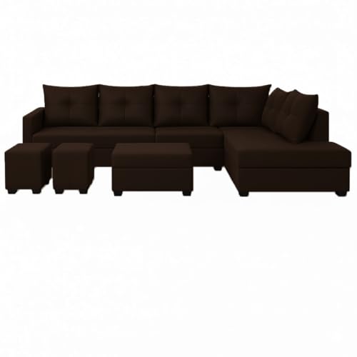Image of SOCOZI Oriana 8 Seater RHS L Shape Sofa Set | Velvet Suede Fabric L Shape Sofa for Livingroom with 2 Ottoman & Centre Table (Dark Brown)
