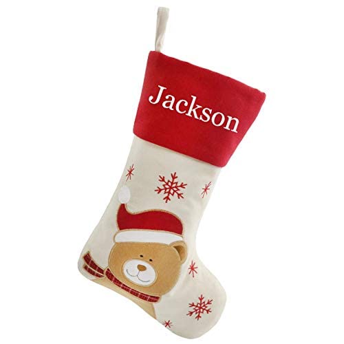 WEWILL 18'' Personalized Christmas Stockings Bear with Embroidery Technology Xmas for Family Kids
