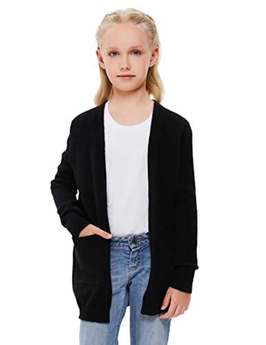 Amarmia Girl's Open Front Cardigan Long Sleeve Knit Sweaters Solid Cute Casual Loose Outerwear Coats With Pockets Black #TOP1