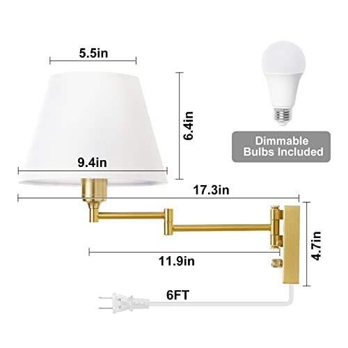 Image of TRLIFE Dimmable Wall Sconce, Remote Control Dimming 10-100% and Adjustable Color Temperature 2700K-6500K Brushed Brass Swing Arm Wall Lights with Plug in Cord, 9.4 inch Medium White Shade(2 Pack, 2 Bulbs)