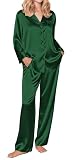 Ekouaer Christmas Pajamas for Women Silk Satin Holiday Button Down Pj Set Soft Long Sleeve Sleepwear (Dark Green,S)