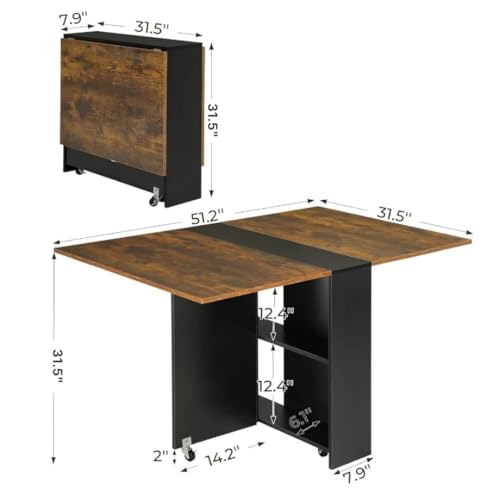 Image of TEKAVO Peyton Foldable Dining Table for Home 4 Seater | Space Saving, Movable with Wheels | 130cm x 80cm x 80cm | Brown & Black | DIY