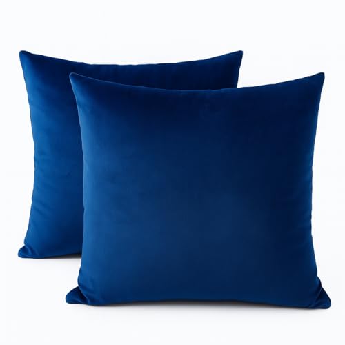 Set of 2 Blue Velvet Throw Pillow Covers 18 x 18 Inch - Soft Decorative Cushion Covers for Sofa, Couch, Bed - Square Pillowcases with Hidden Zipper
