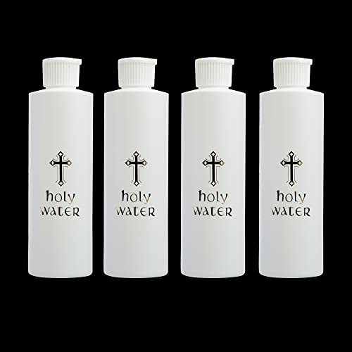 RONRONS 4 Stück Gold Cross nachfüllbare Weihwasserflaschen Behälter, 250 ml, weiße, runde Klapptülle, katholische Christliche Plastikflasche, dekorative Flasche, Gastgeschenk, Kirchenzubehör Cover