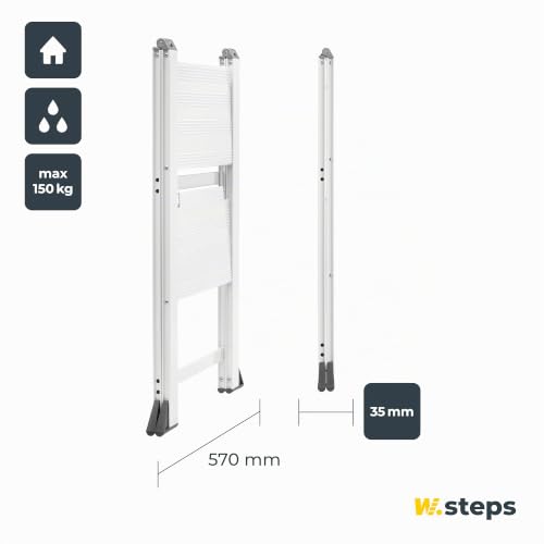 Weisse Alu Trittleiter Vikingstep Midi von W.Steps I 480mm hoch I Belastbar bis 150kg I Kompakte Aluminium Klapptrittleiter mit 2 Stufen I Nur 35mm breit I 3169011