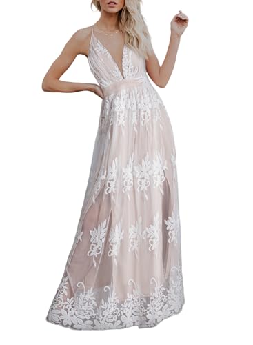 Dokotoo Womens Formal Dresses Sexy V-Neck Spaghetti Straps Embroidered Mesh High Slit Backless Evening Party Prom Dress Beach Wedding Dresses White L
