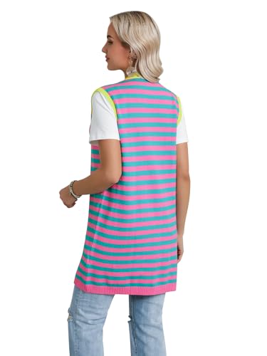 Dresswel Women's Color Block Striped Kimono Cardigan Vest Sleeveless Open Front Colorful Duster Sweater Soft Knit Long Vest4