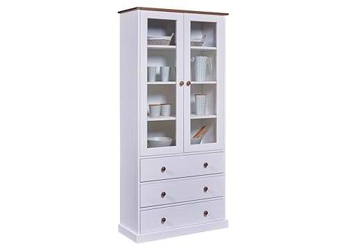 Inter Link – Vitrinenschrank – Buffet-Schrank - Geschirrschrank - Esszimmerschrank - Landhausstil – Vitrine - Kiefer - Massivholz FSC – 2 Türen – 3 Schubladen – 90 x 190 x 38 cm -Westerland 10 – Weiß
