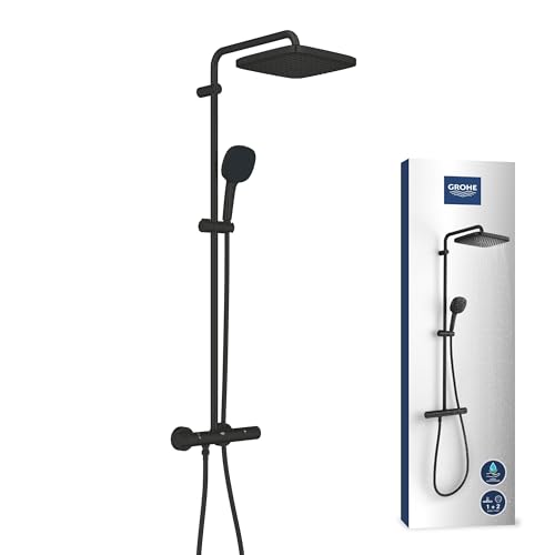 GROHE Vitalio 250 Duschsystem wassersparend 8l pro Min (Regendusche mit Thermostat schwenkbare Kopfbrause Sicherheitssperre bei 38C Duscharmatur mit Antikalk-System) schwarz chrom 266962431
