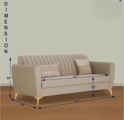 Image of MS Luxury FURNITRE Premium Luster 3-1-1 Sofa Set | Velvet Suede Fabric | 5 Color and Golden Legs & Striped Pattern Cushion wit Centre tabule Free (Beige, 3 seatar)