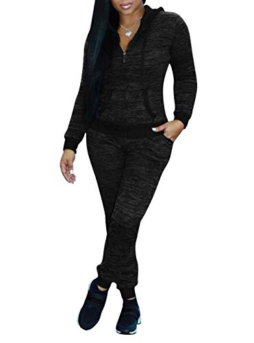 Women Hooded 2 Piece Outfits Sport Skinny Active Tracksuit Sweatsuit Set Black M