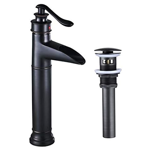 Grifo monomando de lavabo Saeuwtowy Cascade con pop up automático en bronce aceitable negro Cover