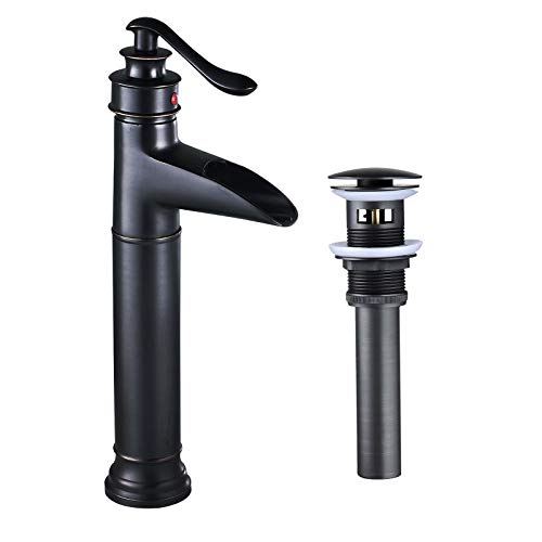 Saeuwtowy Noir Cascade Robinet Salle Bain Lavabo Laiton +Pop-up Automatique avec Débordement,Haut Robinet Mitigeur Lavabo Mitigeur Salle de Bain Cover