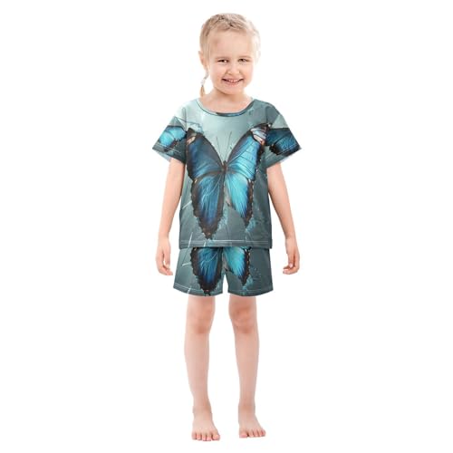 ALAZA Blue Butterfly 3d Pajamas Set Short Sleeve Cotton Sleepwear Summer Pjs 2 Piece 5-14Y3