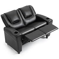 AVAWING Kids Recliner Chair, Double PU Leather Kids Loveseat w/Cup Holder, Lounge Sofa Chair w/Adjustable Footrest & Headrest for Boys Girls 3+ Age Group, Black