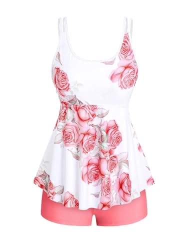 Rosegal Women Plus Size Modest Tankini Swimsuit Rose Print Boyleg Swimwear Padded Boyshorts Bathing